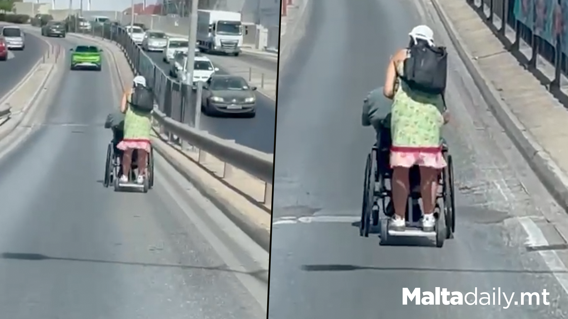 Person Rids On Back Of Wheelchair In Traffic...