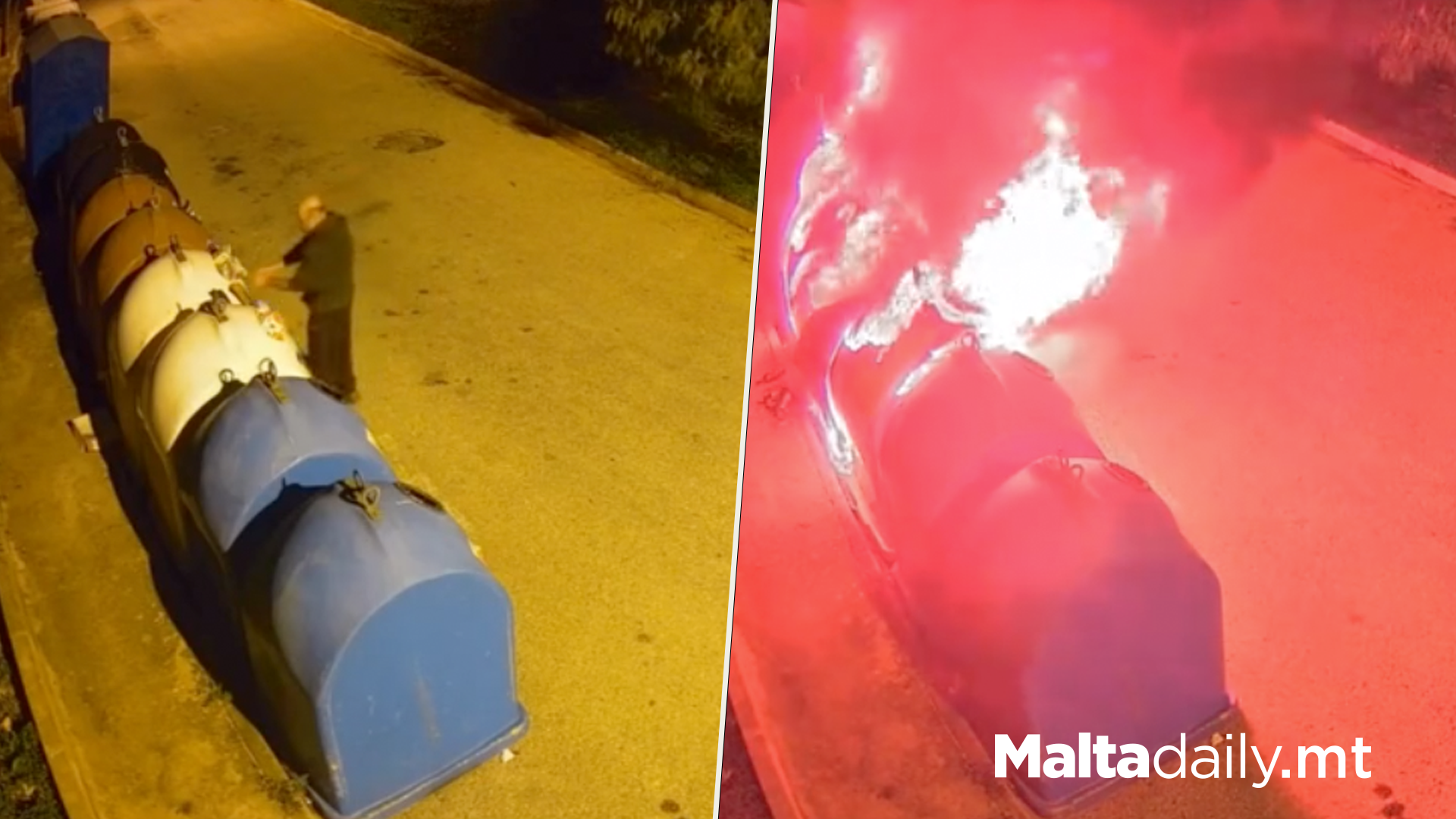 CCTV Footage Shows Man Setting Recycling Bins On Fire