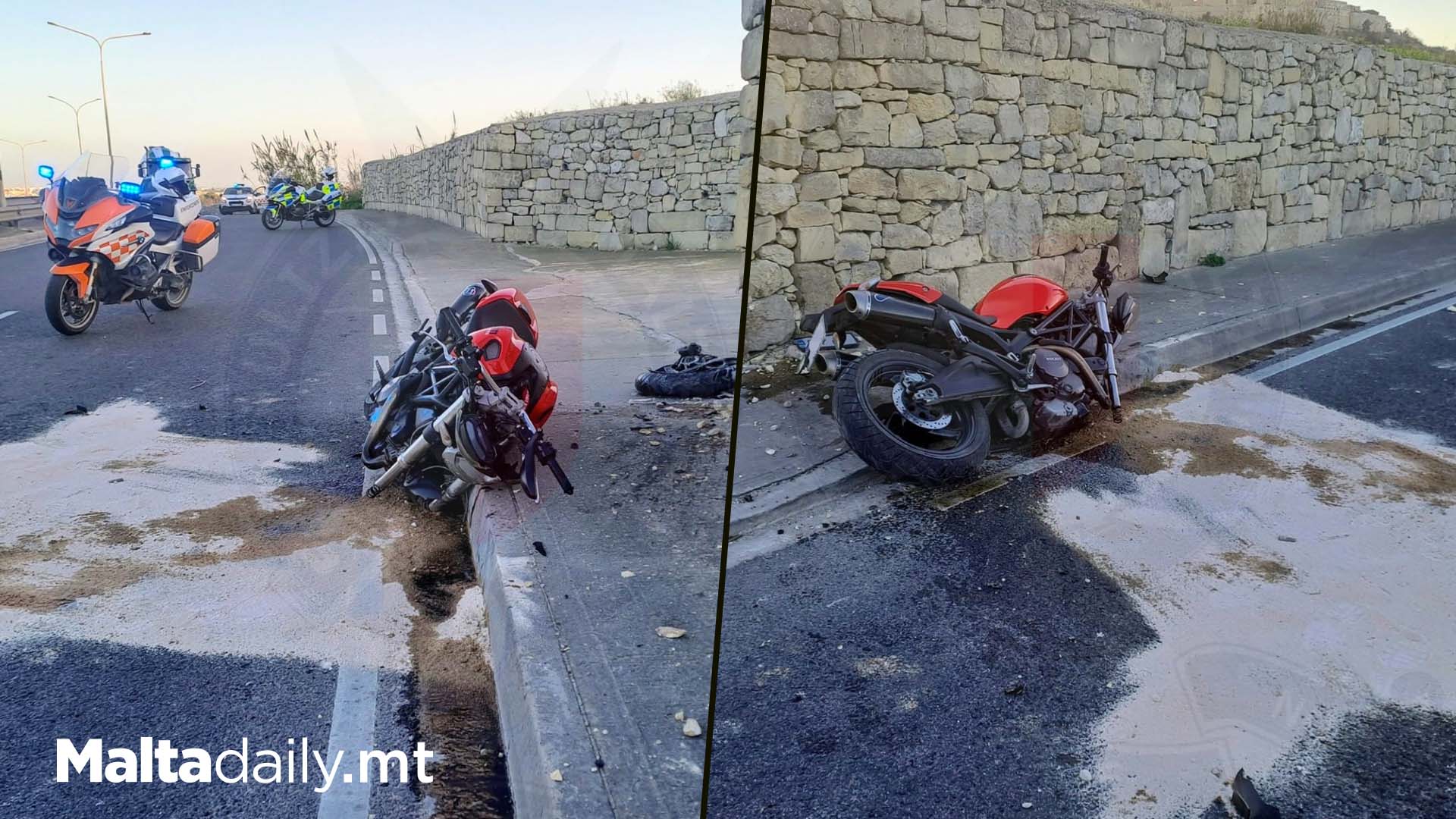 Motorcyclist Grievously Injured After Crashing Into Wall