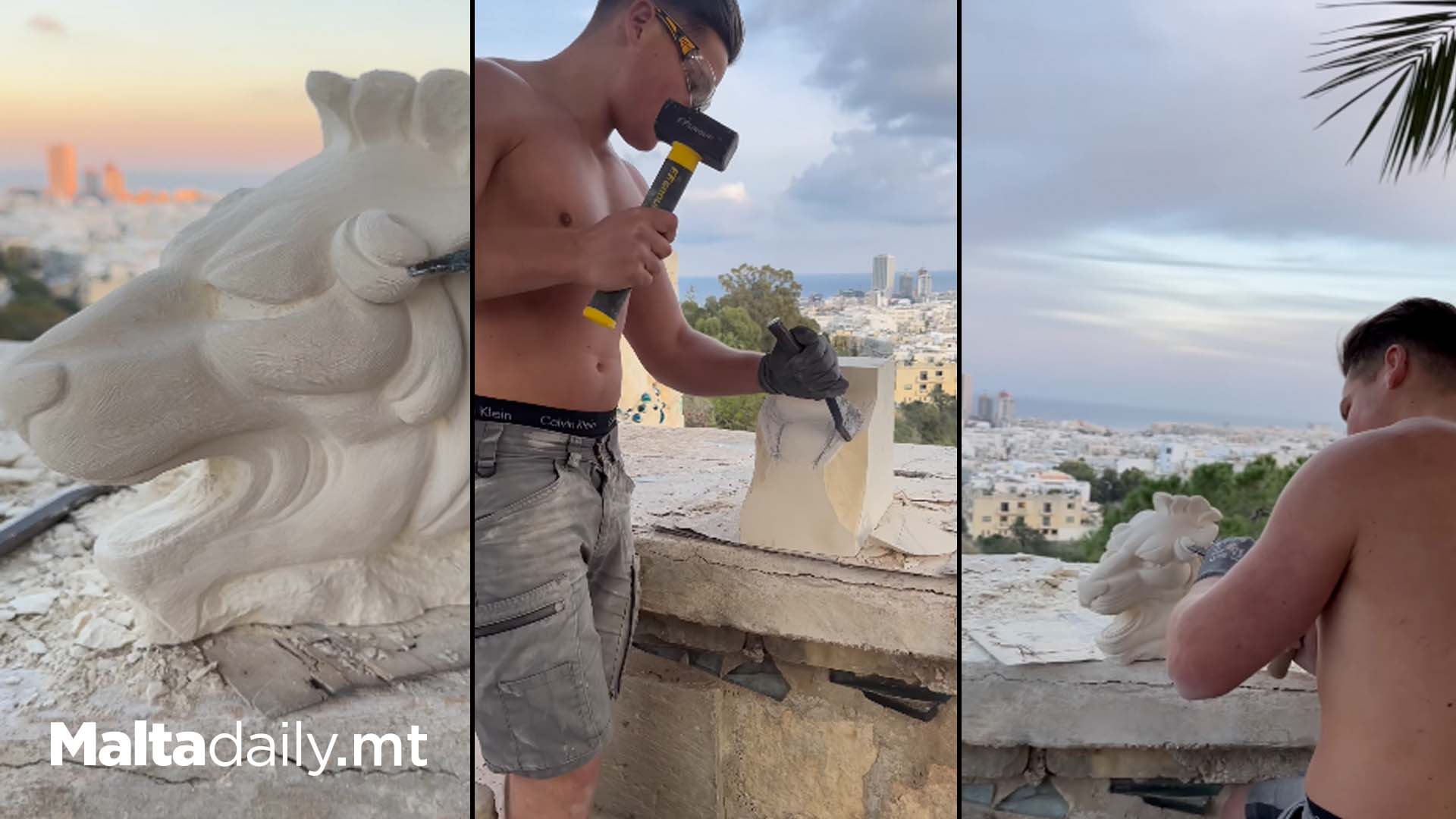 Sculptor Creates Lion's Head Using Maltese Limestone