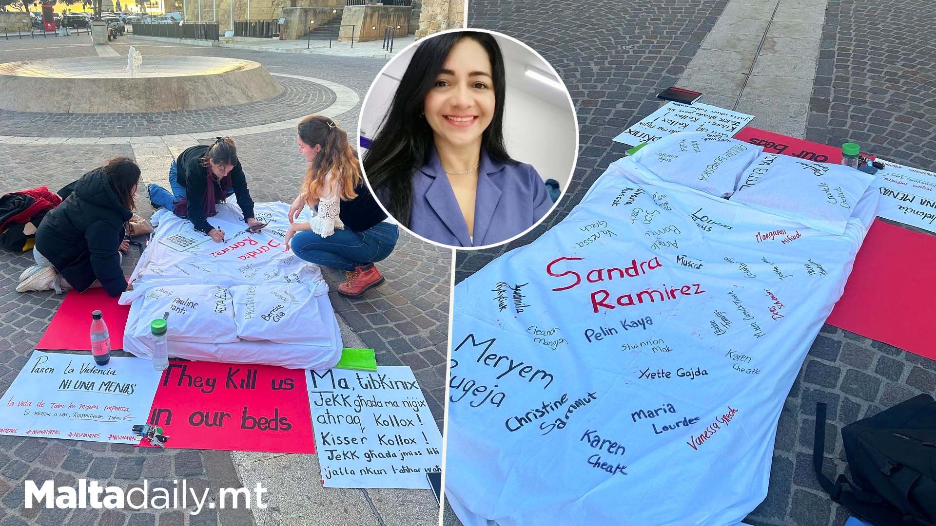 Bed Installation Outside Castille Remembers Femicide Victims
