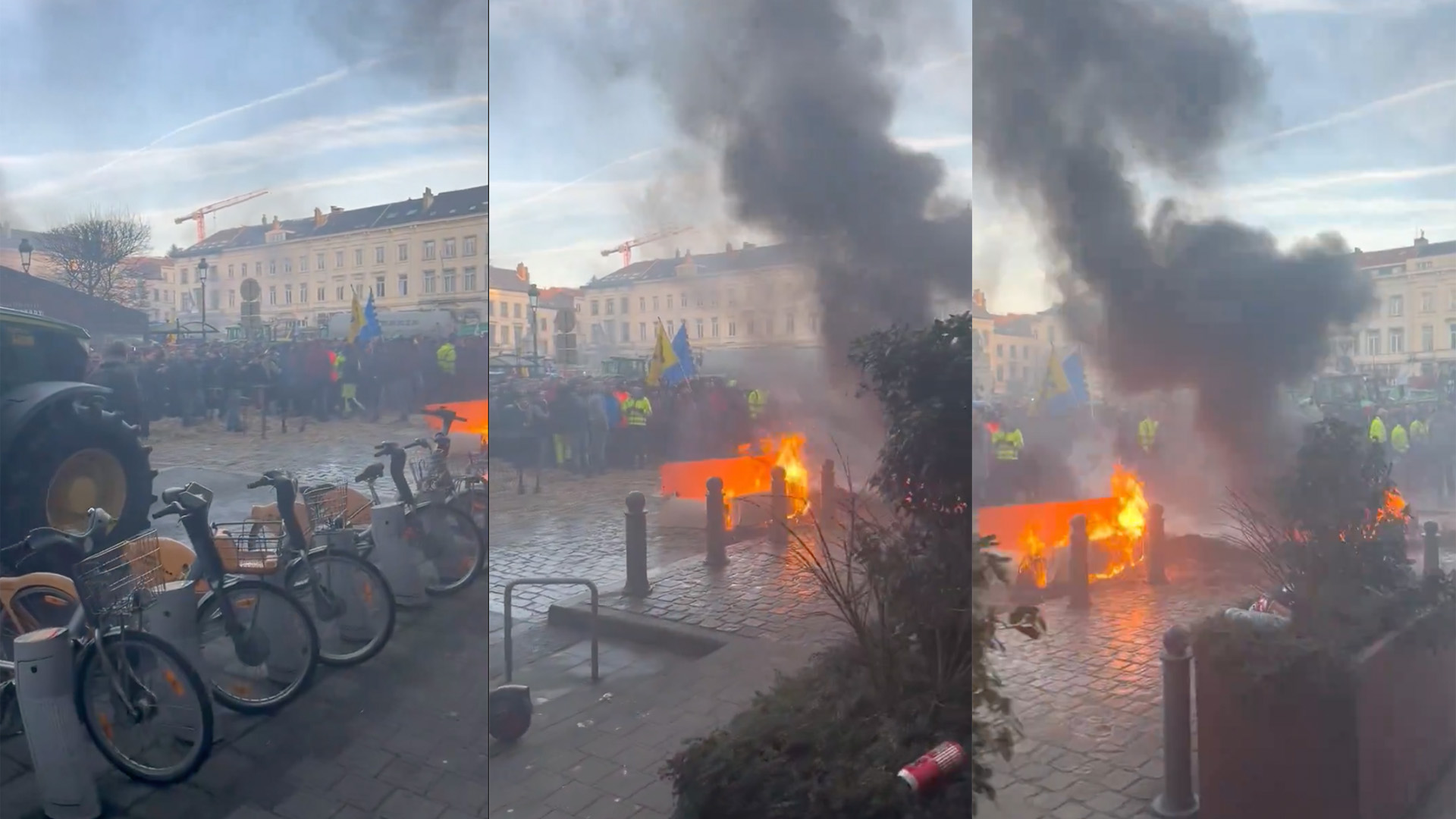 Fires In Front Of European Parliament As Farmers Protest