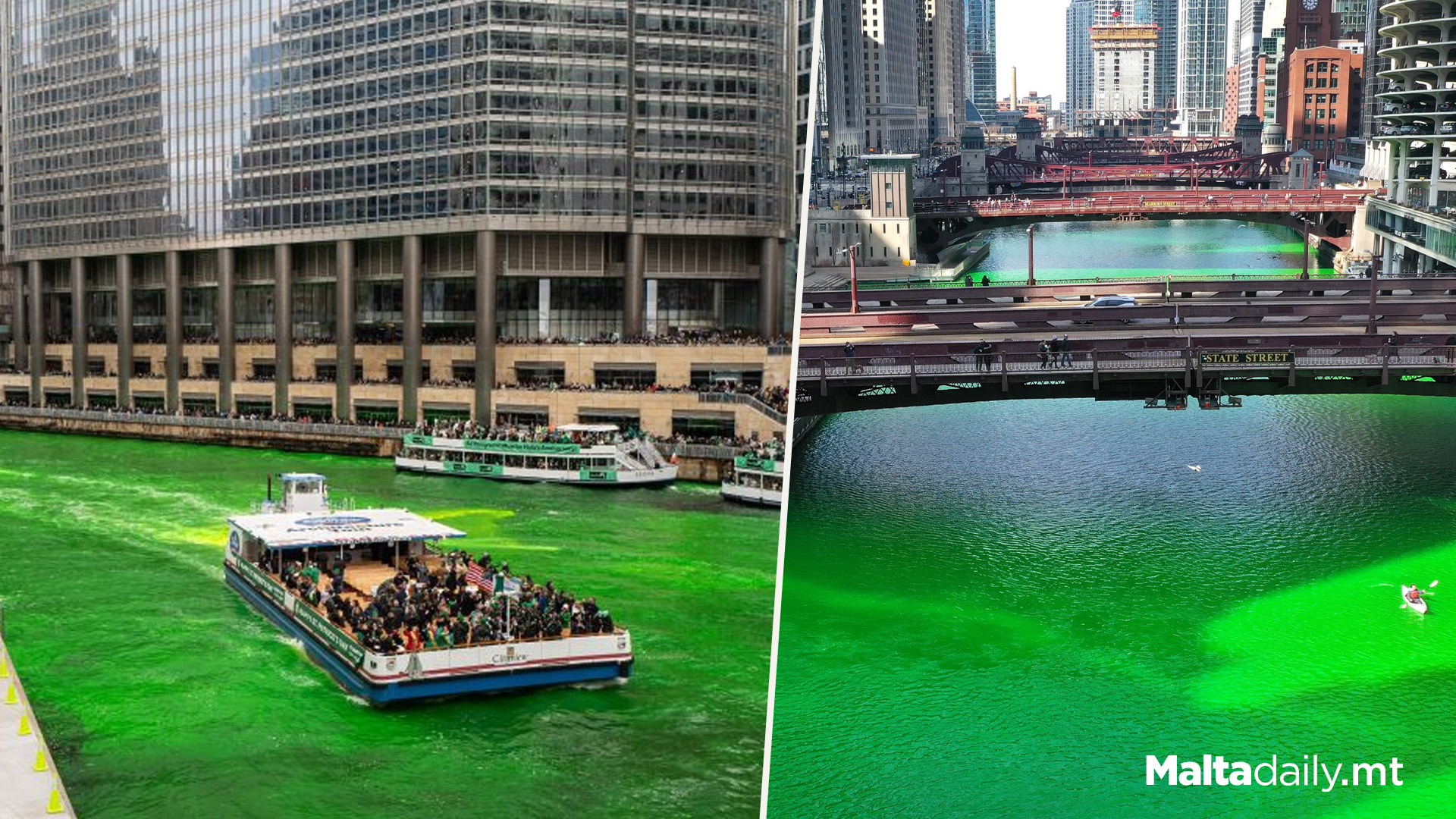 Chicago River Dyed Green For St Patrick's Day