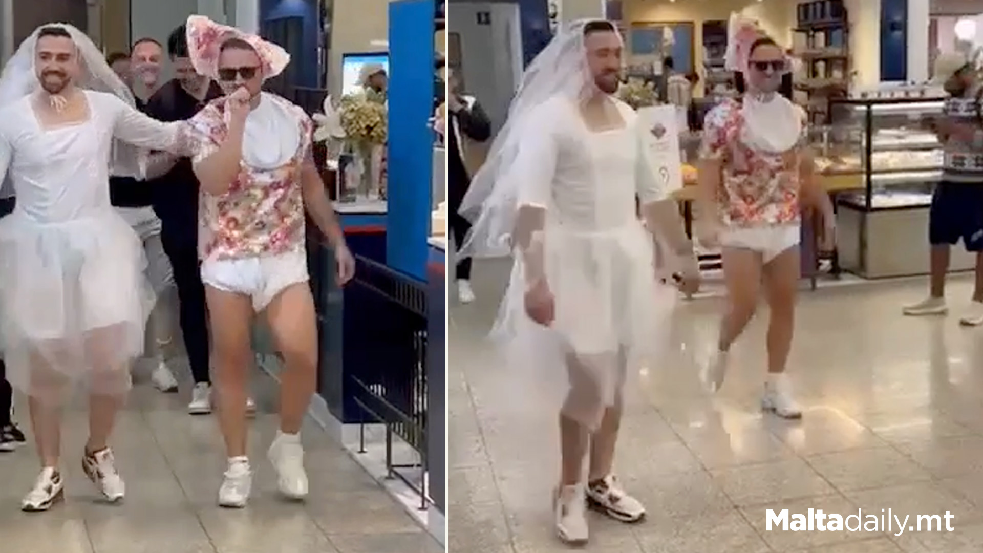 Men Dressed As Bride & Toddler At Airport For Bachelor's