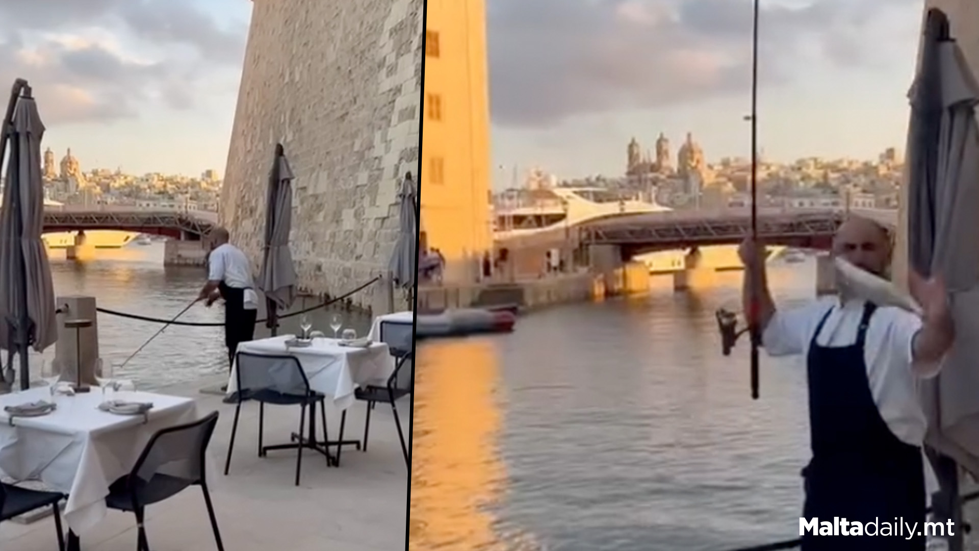 Local Restaurant Staff Catch Fresh Fish In Birgu