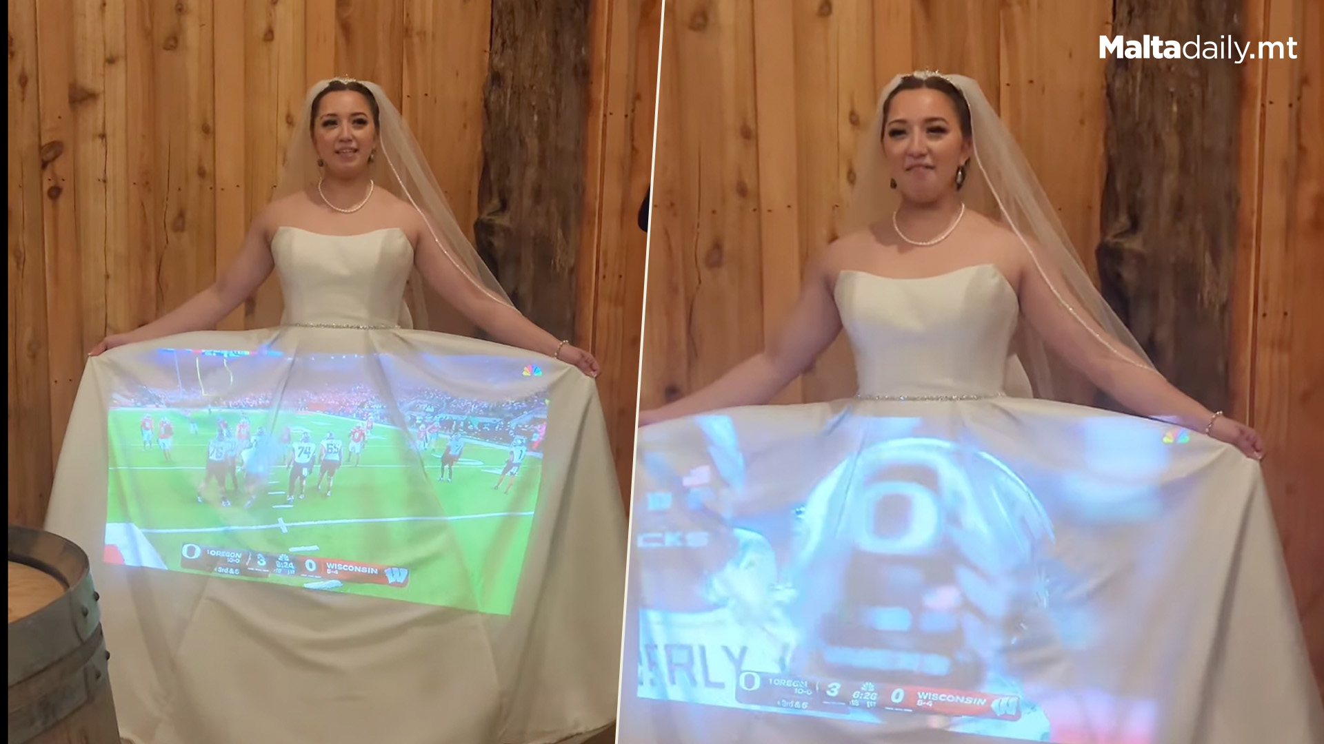 Bride Uses Wedding Dress As Projector Screen For Football Game